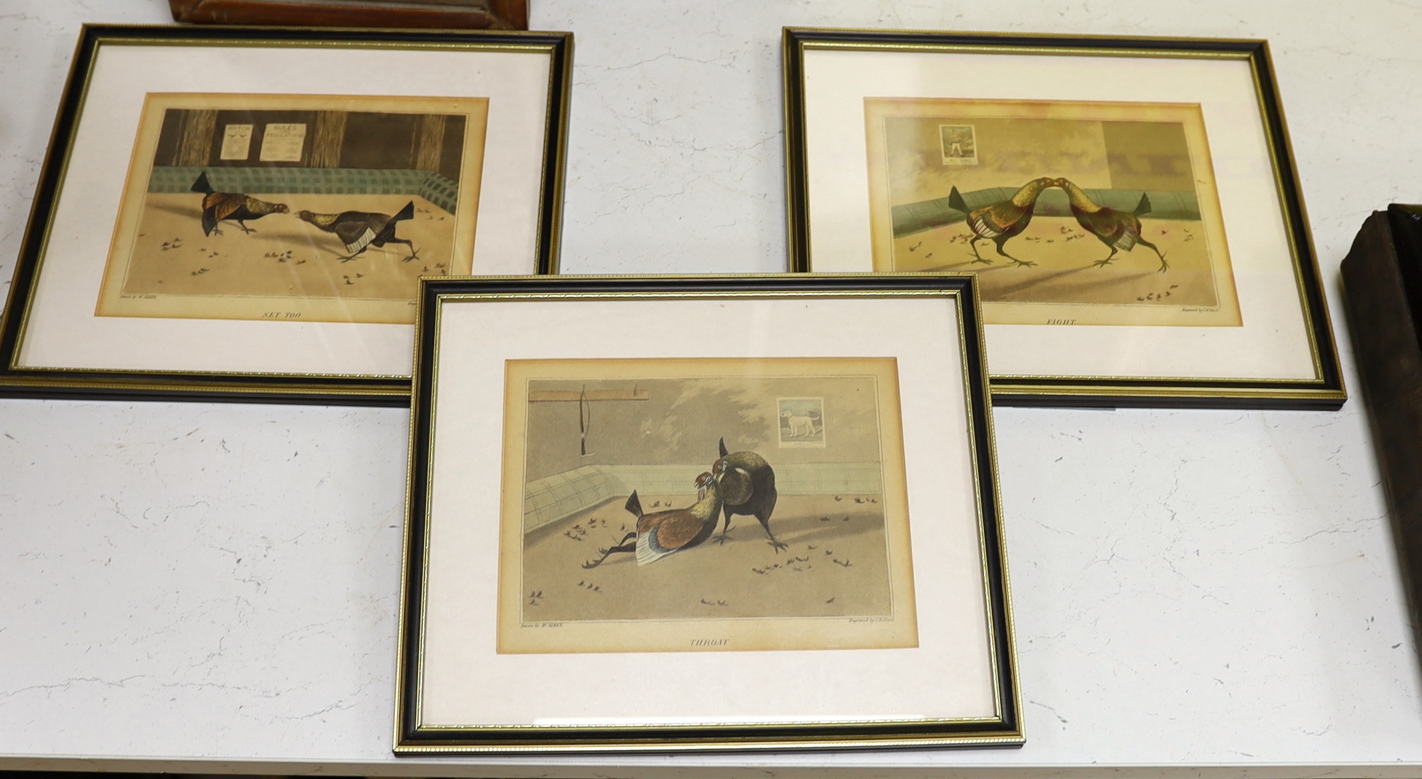 A set of three cock fighting prints by Stock after Henry Alken, 15 x 20cm.